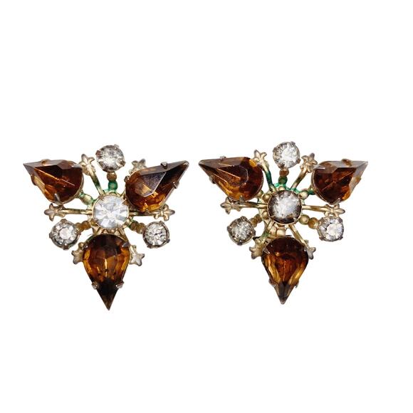 Vintage Amber Rhinestone Clip-On Earrings, Mid Century, Prong Set Teardrop Glass - Picture 1 of 10